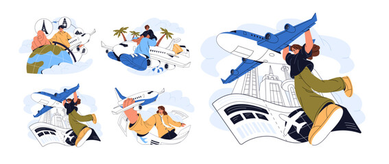 Obraz premium Concept set of air flight. Passengers fly on plane with tickets, passport. People travel abroad by airplane. Characters are in trip by aircraft. Flat isolated vector illustrations on white background