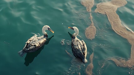 An oil spill on the ocean's surface with birds and marine life struggling to survive 