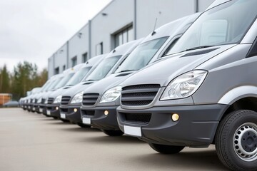 Fototapeta premium Silver vans parked in a row, outside a modern warehouse, ready for delivery, transportation, or logistics services.