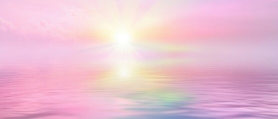 Fototapeta premium Ethereal Sunrise Over Calm Water Reflecting Pastel Sky Hues Serene Landscape Nature Beauty Peace Tranquility Dreamlike Scene Soft Light Dreamy Atmosphere