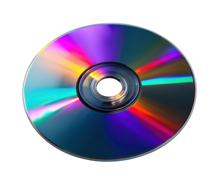 Colorful optical disc on a white surface with reflections on a transparent background, cut out