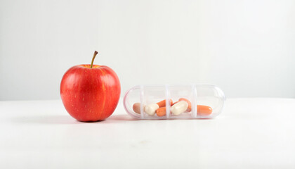 Red apple beside transparent pill organizer with medication inside  