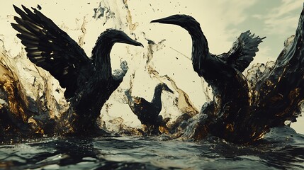An oil spill on the ocean's surface with birds and marine life struggling to survive 