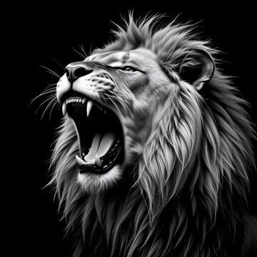 Dramatic black and white portrait of a roaring lion on a black background.