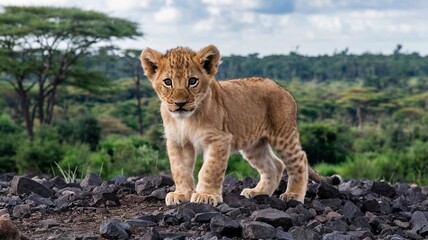 Naklejka premium Wildlife in African Savanna Featuring Lion, Giraffe, and Zebra in Natural Habitat