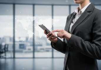 Businesswoman using smartphone with digital world map overlay in a modern office setting
