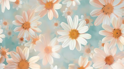 A delicate pattern of white and peach daisies scattered across a soft blue background with a dreamy feel