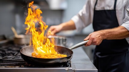 Chef flambés food in a pan creating burst of flames, professional kitchen, cooking with fire.