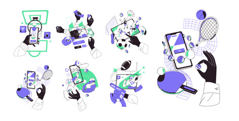 Set of online sports betting. Concept of gambling on the Internet. Hands hold a smartphone, play games, wagering on competitions in bookmaker app. Flat isolated outline vector illustrations on white