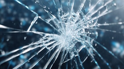 Shattered glass, spiderweb cracks radiating outwards, dark blue background with bokeh effect.