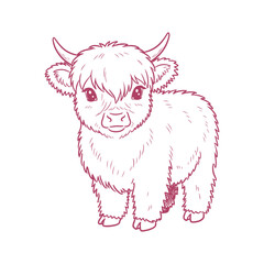 Adorable Baby Highland Cow in Profile – Cute and Fluffy Farm Animal Line Art

