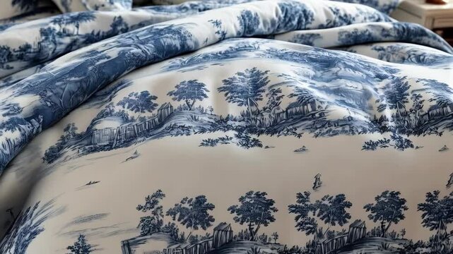 Close-up of crisp white bedding with a blue scenic toile pattern featuring pastoral landscapes, trees, and figures, conveying a serene and elegant aesthetic.