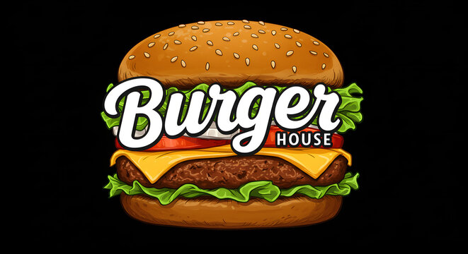 A digital drawing of a burger joint's logo with a juicy, black sesame seed bun, loaded with lettuce, tomato, and a slice of cheese. The word "Burger" and "House" are slapped on there