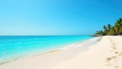 Fototapeta premium Flat sandy beach meets calm turquoise sea under clear sky, drone shot, clear, beach