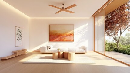 Minimalist space with elegant ceiling fan, its LED light casting a soft ambiance across the room