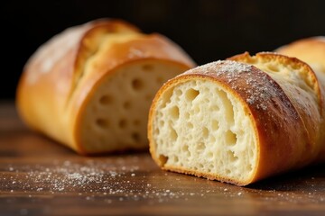 Golden-brown crusty baguette, sliced revealing airy crumb , food, carbs, golden