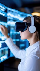 Young Woman Using Virtual Reality Headset in Modern Technology Setting