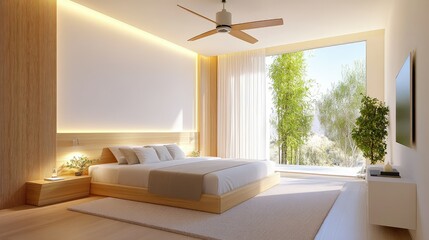 Sleek ceiling fan with integrated LED light, modern room with neutral tones and minimalist style