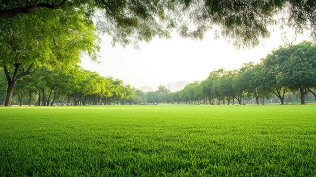 Lush Green Park Landscape with Trees and Open Lawn Space