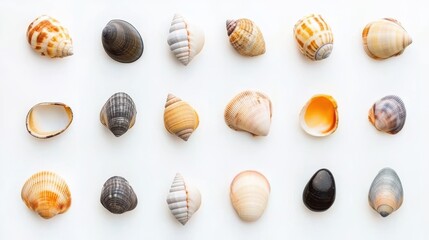 A collection of various seas arranged in a neat grid pattern on a clean white background showcasing their diverse shapes colors and textures perfect for summer vacation