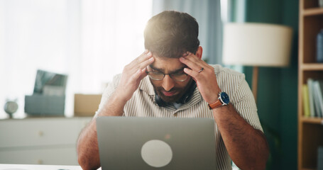Remote work from home, headache and man with laptop, fatigue and overwhelmed with deadline. Person,...