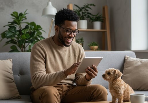 A man is using a tablet while sitting on a couch with his dog in the living room