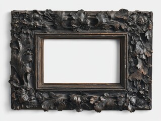 Ornate Carved Wood Picture Frame with Floral and Leaf Design Studio Shot on White Background