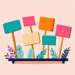 Colorful Blank Signs with Greenery for Announcement or Promotion