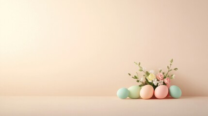 Pastel Easter Eggs with Floral Arrangement on Soft Background