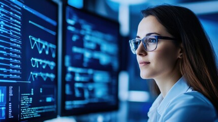 Focused Female Analyst with Computer Monitoring Data Trends