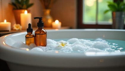 Luxurious bath, bubbles, candles, essential oils, cleanliness, marble