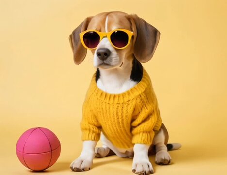 Beagle dog wearing glasses and a sweater on yellow background