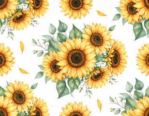 Bright and vibrant sunflowers arranged beautifully with green leaves create cheerful and lively floral pattern, perfect for adding touch of nature to any design