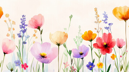 Beautiful watercolor flowers in various colors, including pink, yellow, and purple, create vibrant and cheerful scene