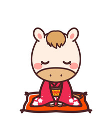 着物を着た馬のかわいいキャラクター　女の子　お辞儀　イラスト素材