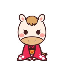 着物を着た馬のかわいいキャラクター　女の子　イラスト素材