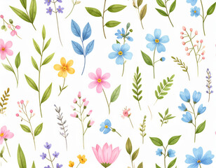Beautiful floral pattern featuring various colorful flowers and leaves, creating vibrant and cheerful atmosphere. This watercolor design is perfect for spring themed projects