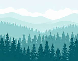 Fototapeta premium serene misty forest landscape featuring layers of evergreen trees and distant mountains under soft sky. tranquil atmosphere evokes sense of peace and connection to nature