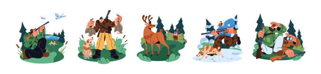 Set of chase season. Hunter with dog treks game in the forest. Shooters are hunting for wild animals, shooting preys: deer, ducks with rifle. Flat isolated vector illustrations on white background