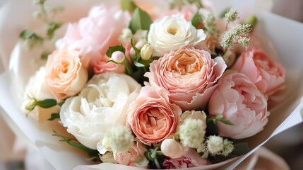 A beautifully arranged bouquet of roses and peonies wrapped in delicate paper.