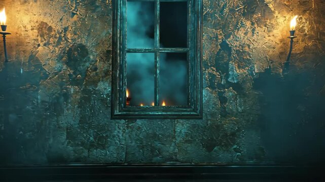 Moody, dimly lit room with aged walls, window, and candles