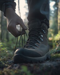 Tying Hiking Boots in Forest