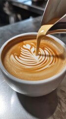Pouring Cream into Coffee with Beautiful Latte Art Design