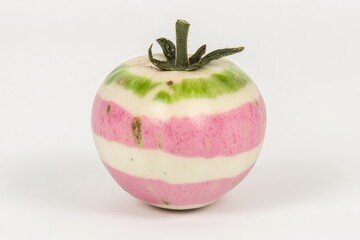A unique tomato with pink and white stripes