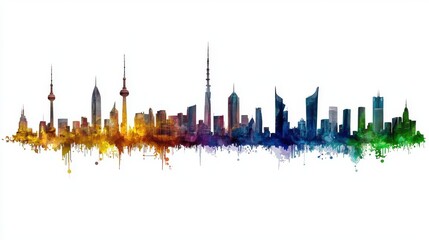 Obraz premium A vibrant watercolor cityscape skyline of Kuwait City featu iconic towers and buildings depicted in a colorful artistic style perfect for modern home or office decor.