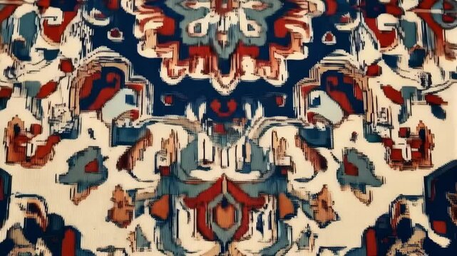 Elegant off-white fabric with navy blue and red floral stylized patterns for vintage textile projects and intricate backgrounds