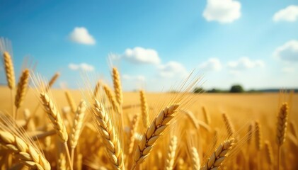 Fototapeta premium Ripe barley heads in vast wheatfield under blue sky, grain, botany