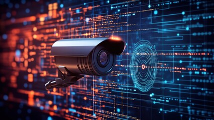 High tech security camera overlooking a futuristic digital data environment with holographic interface and glowing visual effects for surveillance and cybersecurity