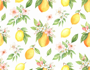 Lemon floral pattern featuring vibrant yellow lemons and delicate pink and white flowers, creating fresh and cheerful summer vibe. Perfect for various design projects