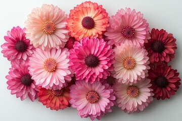 Fototapeta premium Small pile of pink and red strawflower blossoms on a white background, top view, minimalistic flat lay photography.